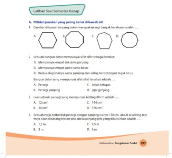 Kunci Jawaban Matematika Kelas 4 SD Halaman 197 Nomer 1-10 Pilihan ...