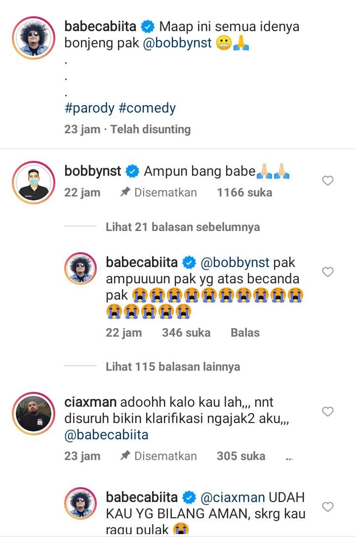 Komentar Bobby Nasution di Insatgram Babe Cabita 