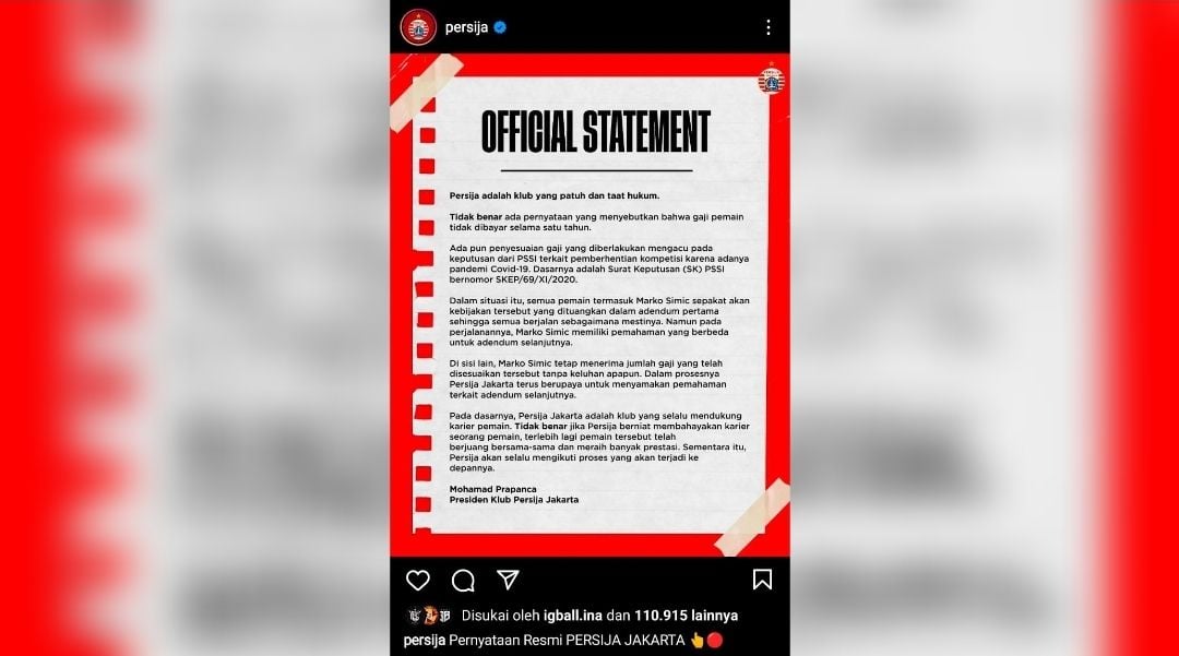 Official statement Persija Jakarta.