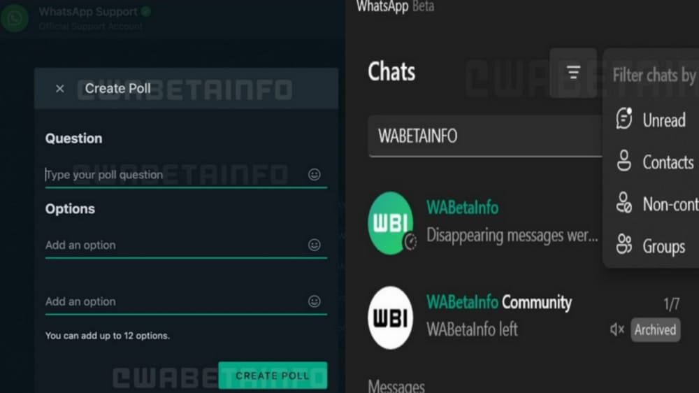 Tangkapan layar yang diunggah WhatsApp versi Beta yang uji coba fitur baru yaitu filter 4 jenis chat dan polling grup