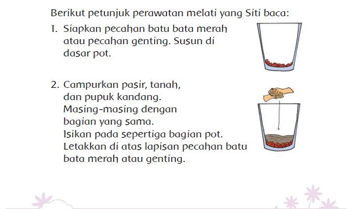 Berikut kunci jawaban Bahasa Indonesia kelas 3 Tema 2 Subtema 3 Pembelajaran 1 halaman 109, kalimat sesuai Petunjuk Perawatan Tanaman Melati.