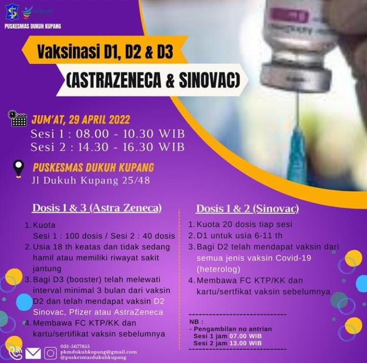 Bisa Pagi dan Sore! Jadwal Vaksin  Dosis 1, 2, Booster Jumat, 29 April 2022 di Surabaya