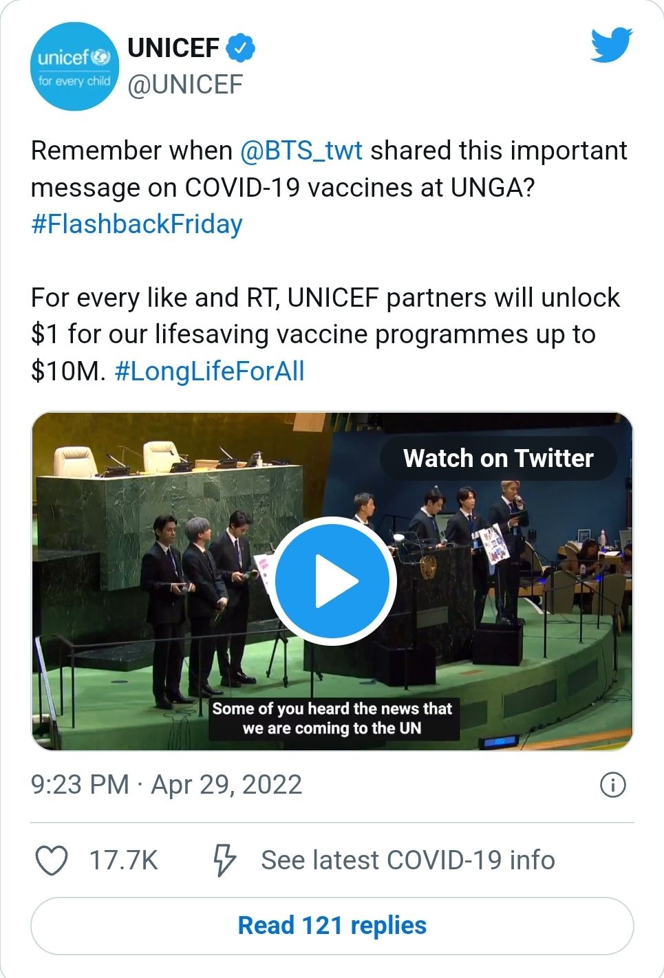 Tweet UNICEF tentang BTS./Twitter/@UNICEF