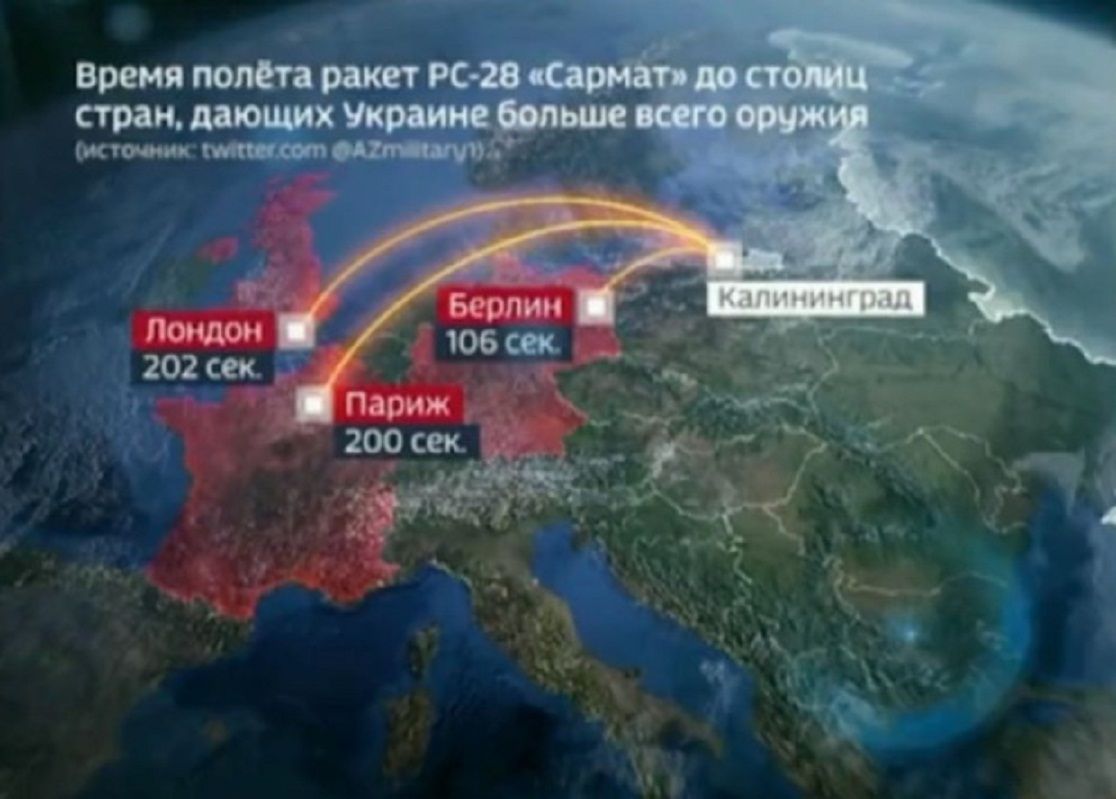 TV pemerintah Rusia pamer bahwa nuklir yang berbasis di Kaliningrad dapat menyerang Berlin dalam 106 detik dan London dalam 202 detik. 
