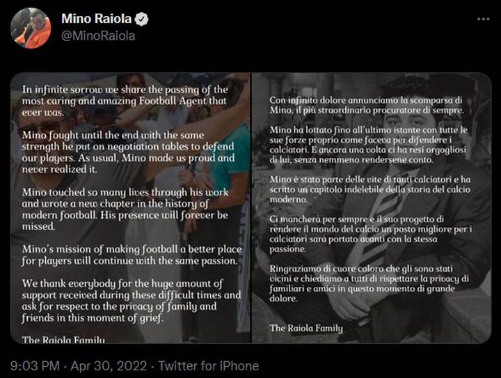 Melalui akun Twitter pribadinya,Mino Raiola dinyatakan meninggal dunia.
