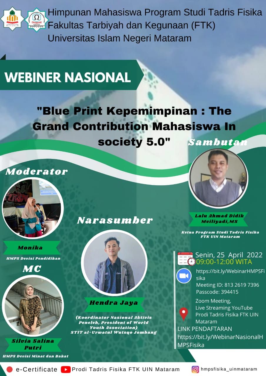 Webinar Nasional Bertema Blue Print Kepemimpinan : The Grand Contribution Mahasiswa In Society 5.0