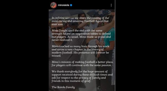 Postingan pihak keluarga Mino Rainola terkait meninggalnya sang agen.