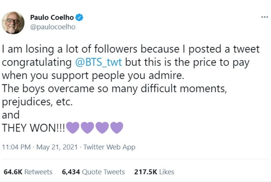 Postingan Paulo Coelho tentang kehilangan banyak pengikut di media sosial karena menunjukkan dukungan untuk BTS./Twitter/@paulocoelho