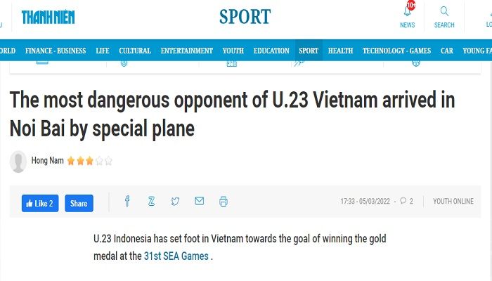 Headline media Vietnam Thanhnien soal Timnas Indonesia U-23.
