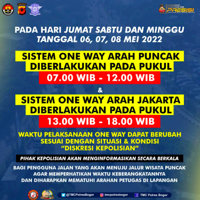Info One Way Arus Balik Jalur Puncak Bogor Jumat, Sabtu dan Minggu 6-8 Mei 2022