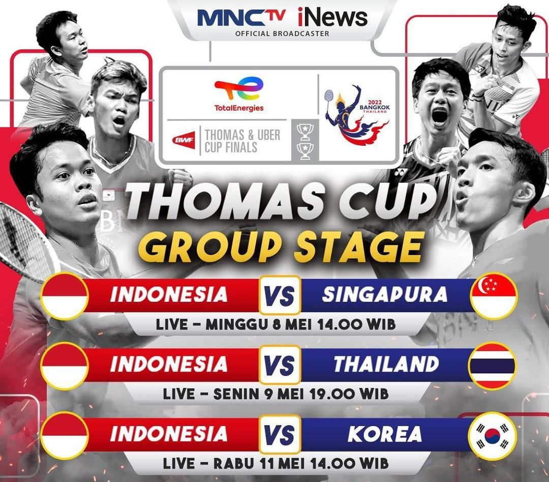 Jadwal Thomas Cup Hari Ini Minggu, 8 Mei 2022 Live di MNCTV, Indonesia vs Singapura