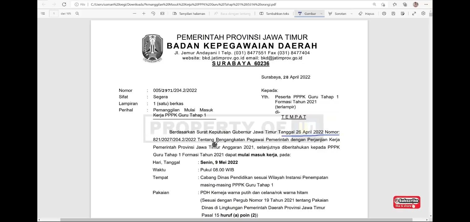 Surat pemanggilan kerja PPPK guru tahap 1  Pemerintah Provinsi Jawa Timur 
