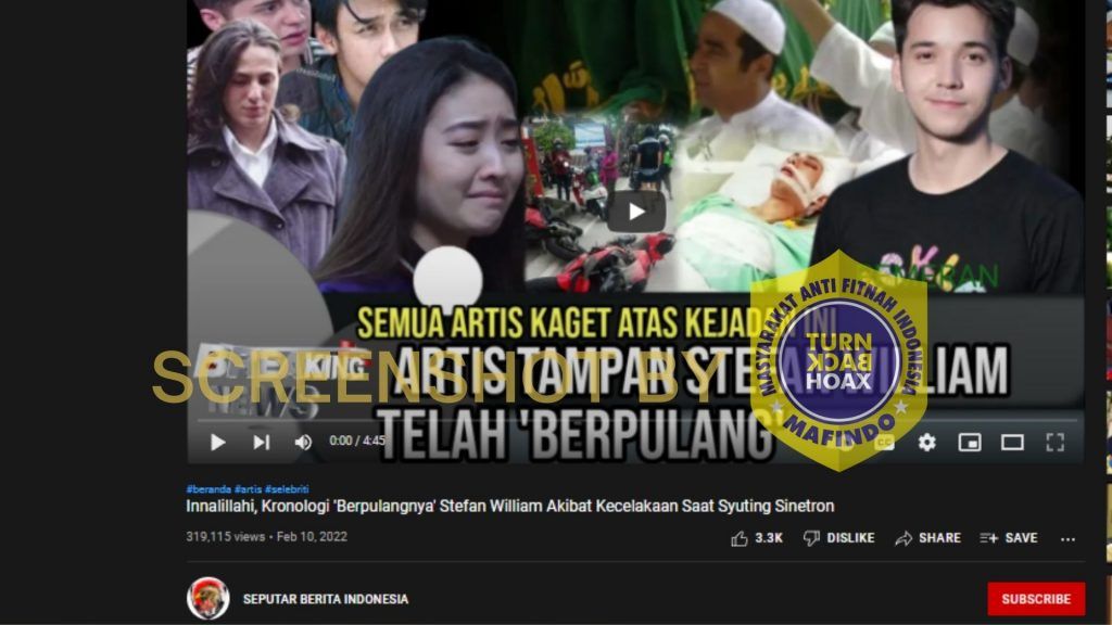 HOAKS - Beredar sebuah video di YouTube yang menyebut jika Stefan William meninggal dunia karena kecelakaan.*