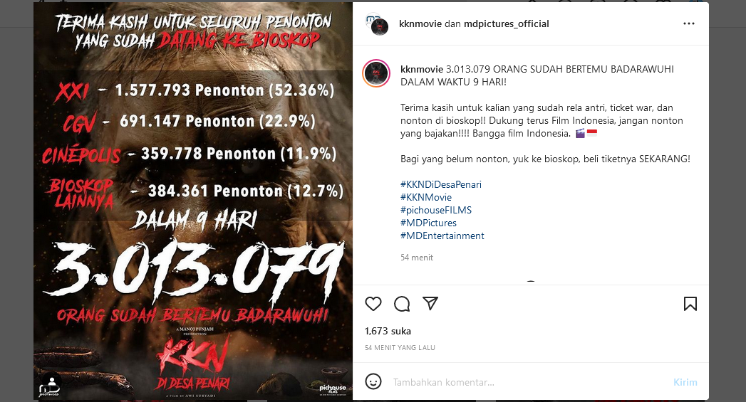 Unggahan Instagram KKN di Desa Penari yang merilis jumlah penonton selama 9 hari tayang di bioskop, Tangkapan layar/Instagram @kknmovie