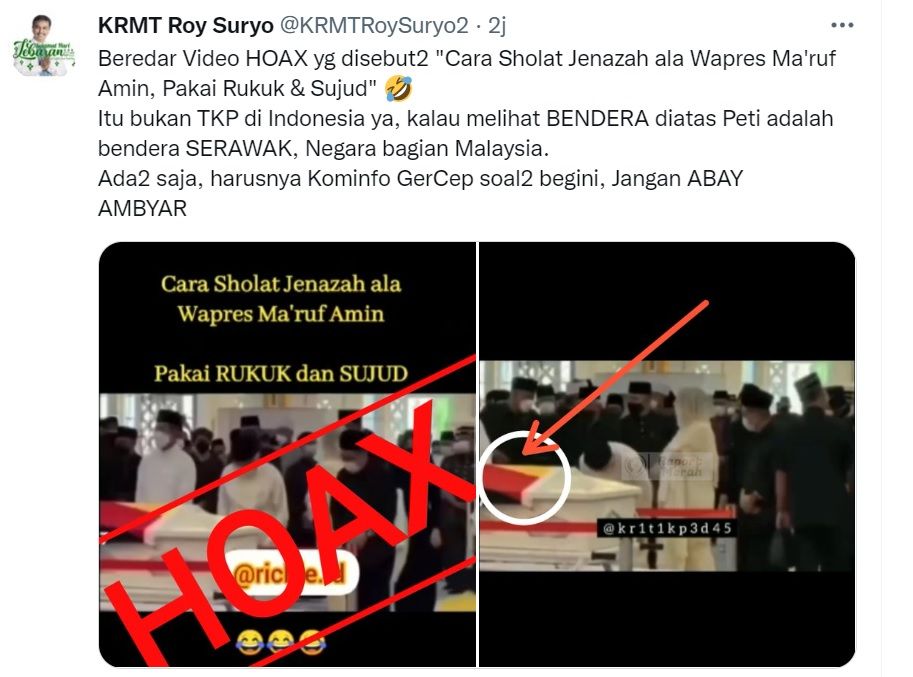 Tangkapan layar cuitan Roy Suryo soal video 'Cara Sholat Jenazah ala Wapres Ma'ruf Amin, Pakai Rukuk dan Sujud'./Tangkap layar: Twitter/@KRMTRoySuryo2/
