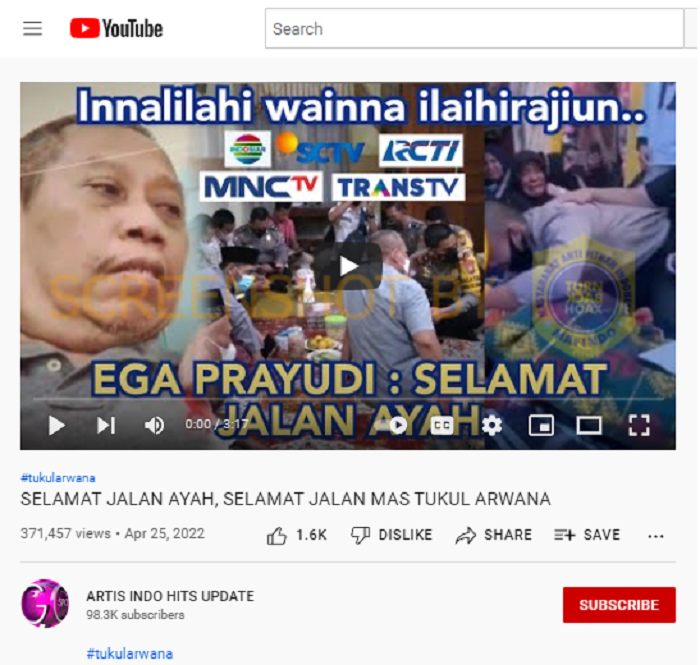 HOAKS - Beredar sebuah video di YouTube pada April lalu yang menyebut jika komedian Tukul Arwana meninggal dunia.