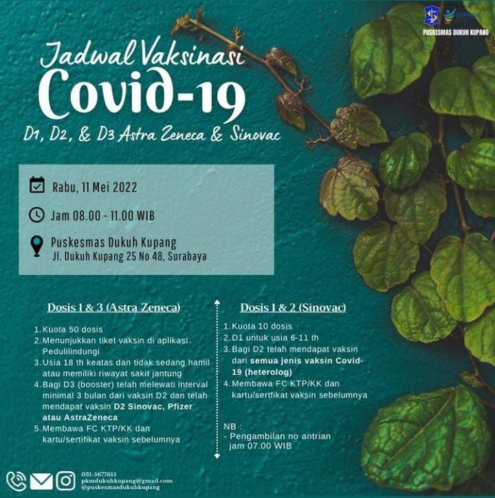 Jadwal Vaksin Sinovac dan Astrazeneca Dosis 1, 2, Booster Rabu, 11 Mei 2022 di Puskesmas Surabaya