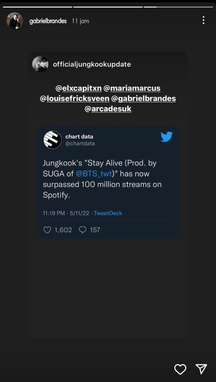 Gabriel Brandes, salah satu penulis lagu Stay Alive Jungkook BTS merayakan 100 juta streaming lagu tersebut di Spotify./Instagram Story/@gabrielbrandes