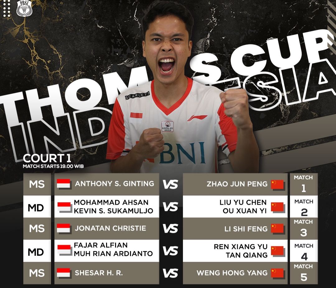 Sedang Berlangsung, Streaming Indonesia VS China Thomas Cup 2022 Malam Ini
