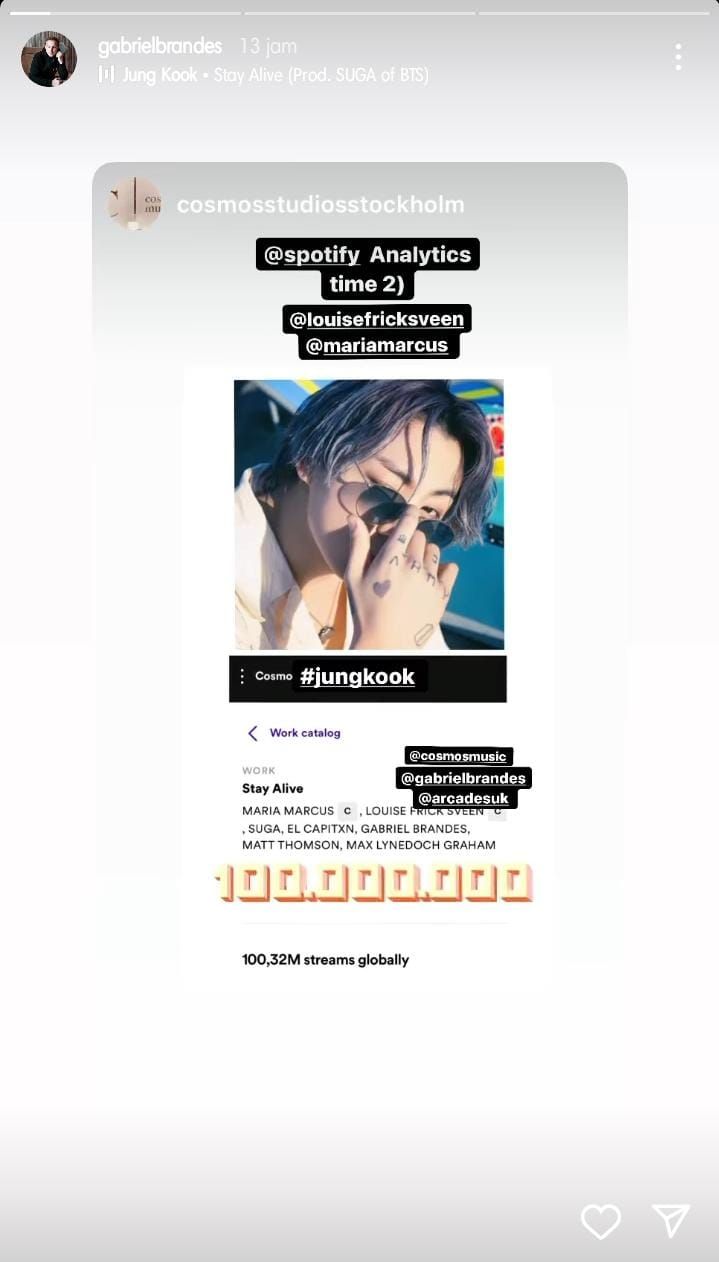 Gabriel Brandes, salah satu penulis lagu Stay Alive Jungkook BTS merayakan 100 juta streaming lagu tersebut di Spotify./Instagram Story/@gabrielbrandes