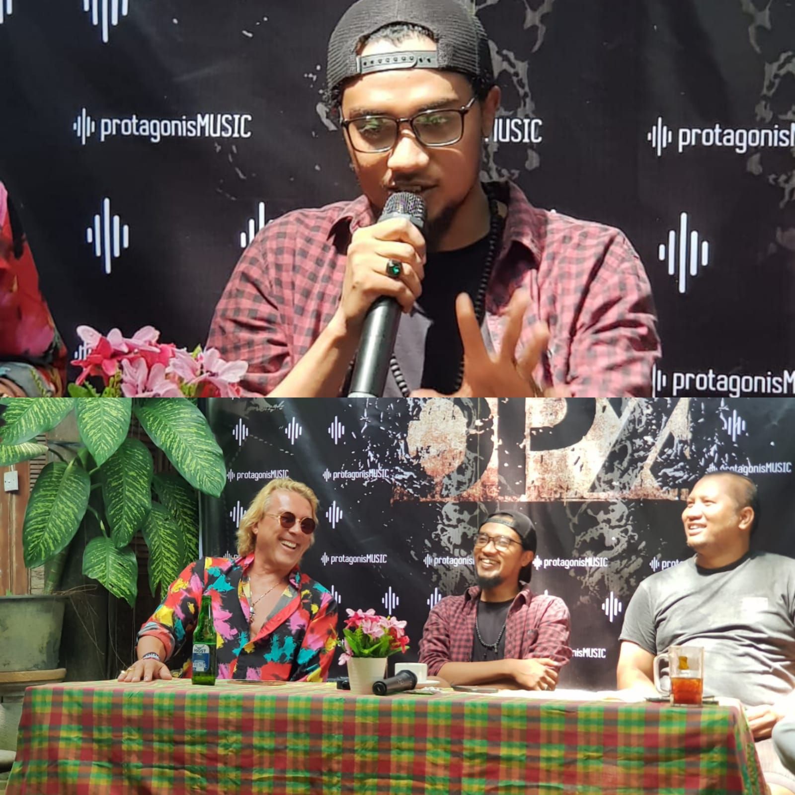 OPX dan tim produksi saat berbincang tentang 'Sarkas' di warung Kubu Kopi Denpasar, Kamis 12 Mei 2022.
