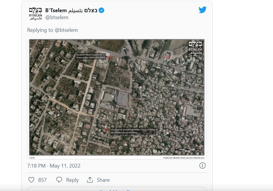 Unggahan Twitter LSM Israel soal lokasi yang diklaim tempat menembak jurnalis Al Jazeera.