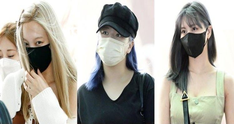 Nayeon, Jeongyeon, dan Momo saat di bandara Incheon menuju Los Angeles, Jeongyeon dan Momo dengan warna rambut baru