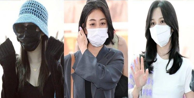 Sana, Jihyo, dan Mina saat di bandara Incheon menuju Los Angeles, Sana dengan warna rambut baru. 