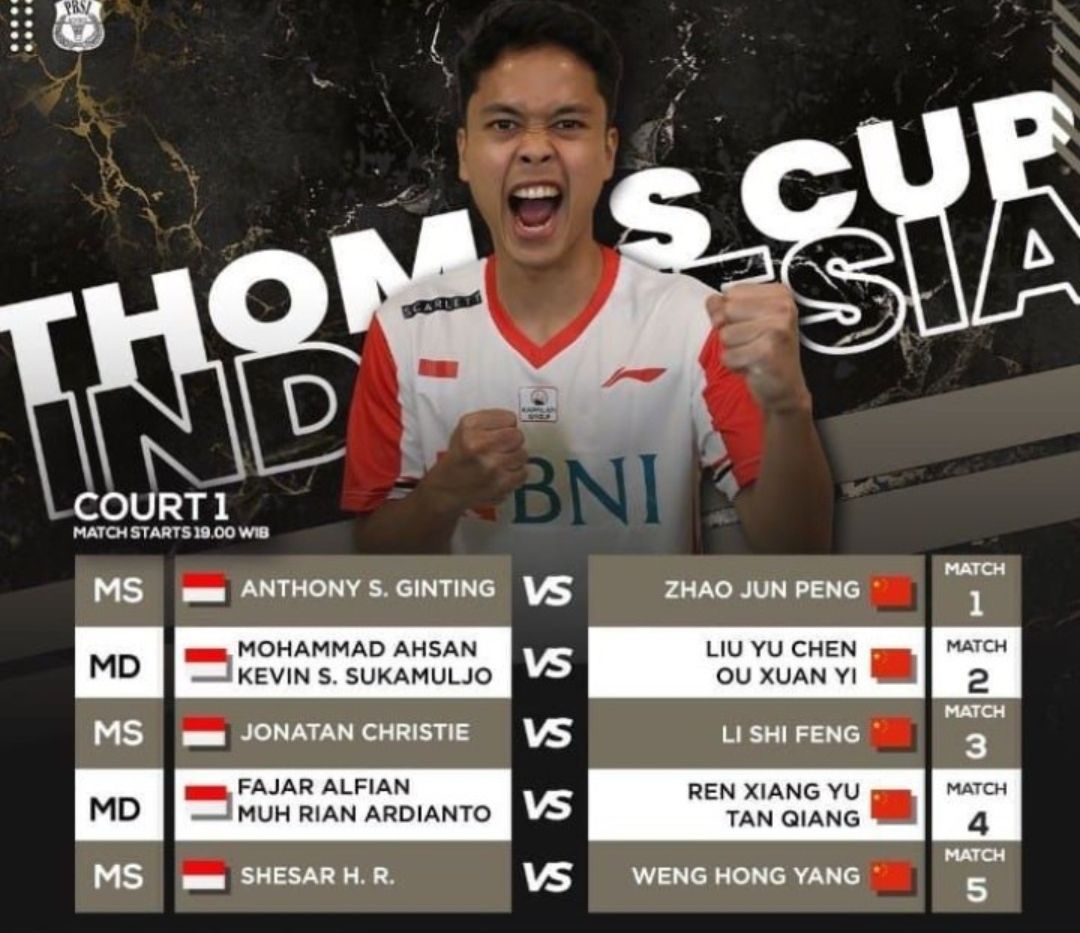 LIVE SCORE Ginting Vs Zhao Jun Peng Berlanjut ke Game 3 Thomas Cup 2022 Indonesia Vs China