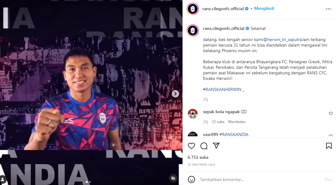 Herwin Tri Saputra  resmi berseragam RANS Cilegon FC 