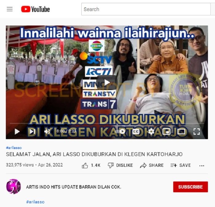 HOAKS - Beredar sebuah video di YouTube pada 26 April 2022 yang menyebut jika Ari Lasso meninggal dunia.*