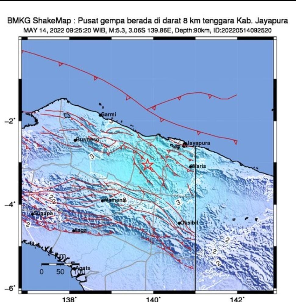 Pusat gempa di Kabupaten Jayapura yang terjadi pada hari ini, Sabtu 14 Mei 2022 memiliki magnitudo 5,3./BMKG