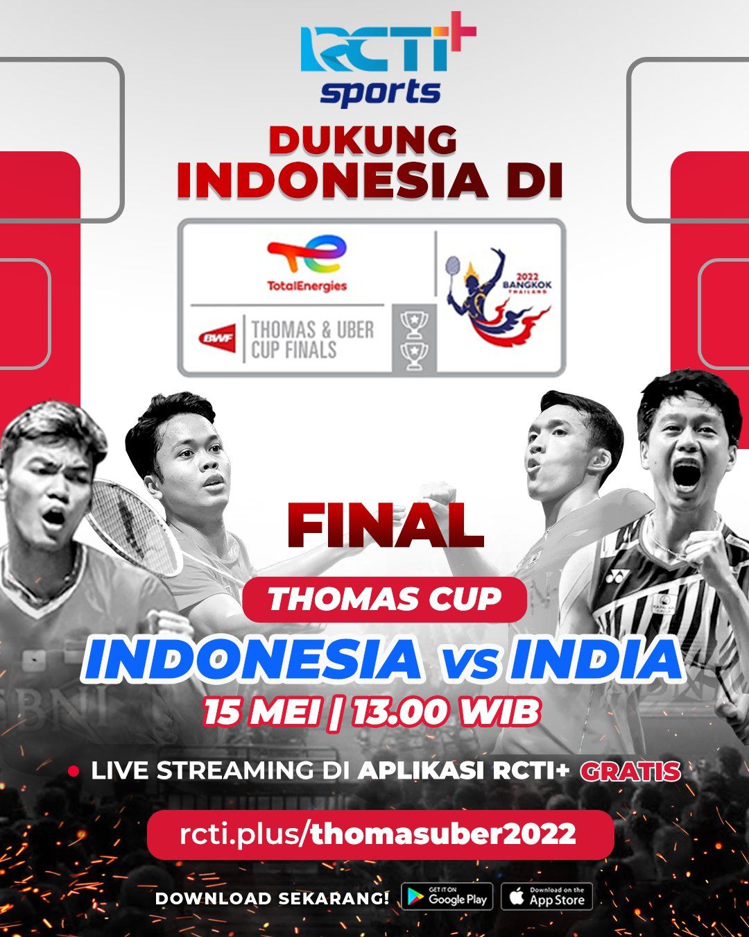 Jadwal dan Link Live Streaming Final Thomas Cup 2022, Indonesia vs India Live di MNCTV dan iNews TV Siang Ini