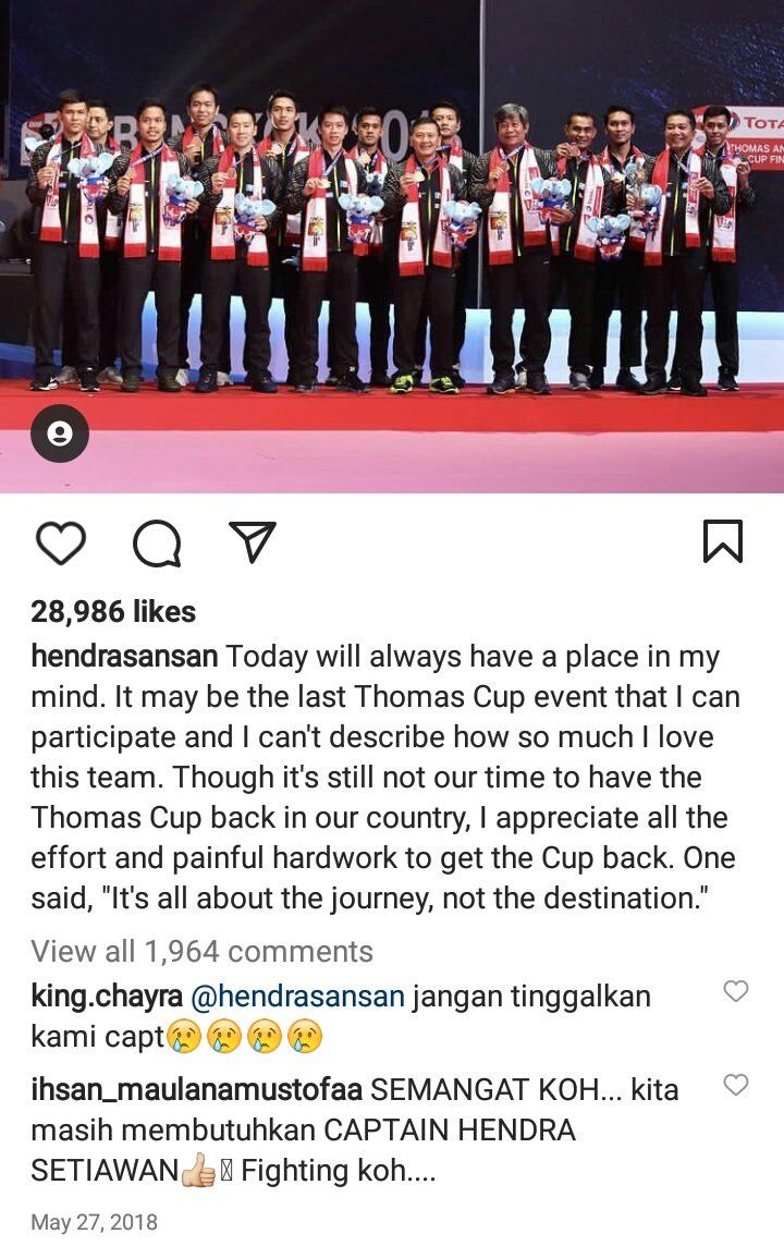 Unggahan Hendra Setiawan pada Thomas Cup 2018