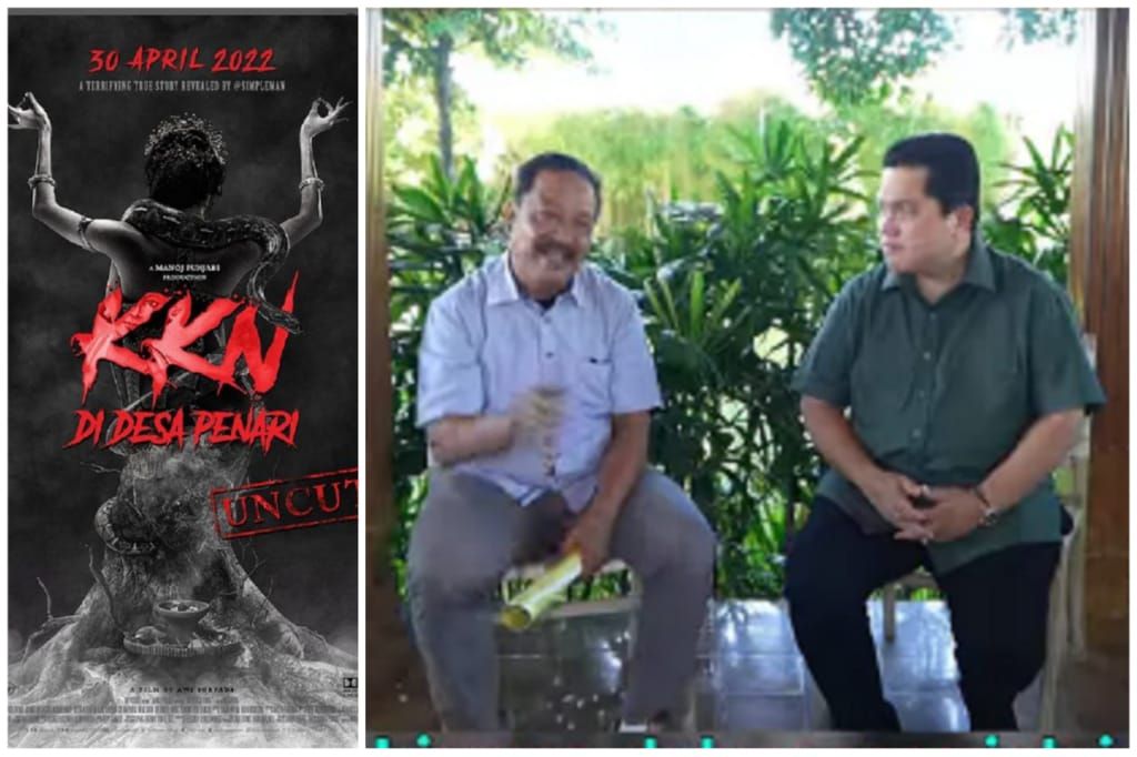 kolase poster film KKN di Desa Penari, dan  Menteri BUMN Erick Thohir saat berbincang dengan penjaga dan pengelola Rowo Bayu, Sudirman yang menceritakan kejadian sebenarnya tentang mahasiswa yang KKN di Rowo Bayu.*