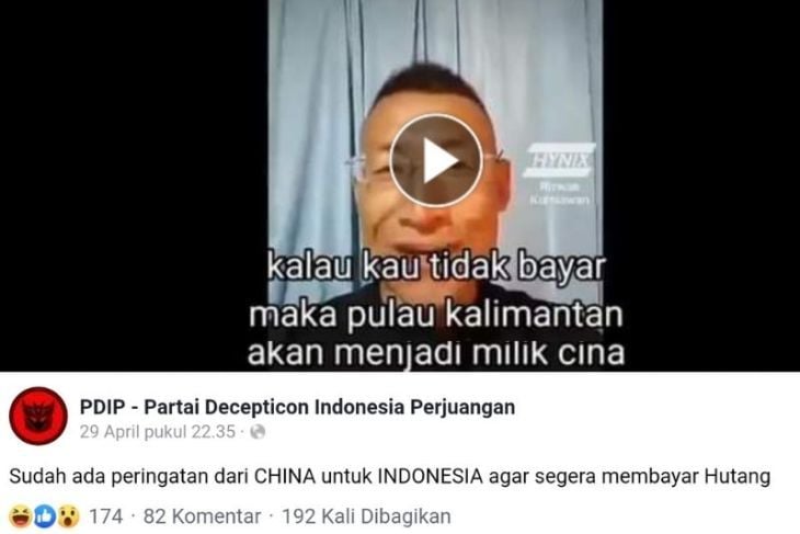 Tangkapan layar isu yang menyebut Pulau Kalimantan akan diambil alih China bila Indonesia tidak bisa bayar utang./Facebook PDIP - Partai Decepticon Indonesia Perjuangan./