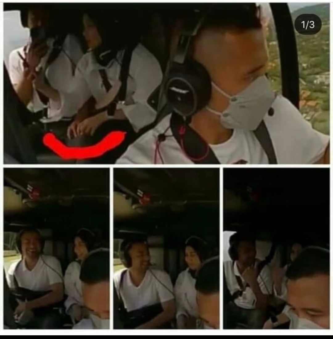 Potret Raffi Ahmad dan Mimi Bayuh yang diduga berpegangan tangan di dalam helikopter.