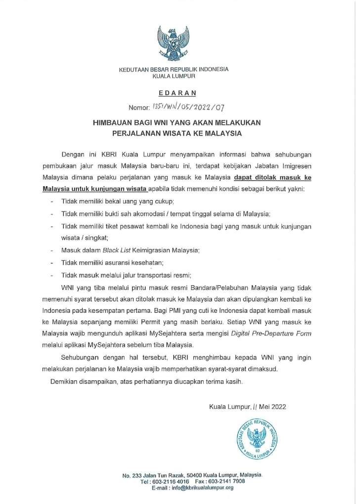 Surat Edaran KBRI Kuala Lumpur