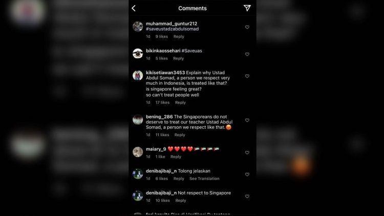 Tangkapan layar sejumlah komentar di akun Instagram Presiden Singapura Halimah Yacob.