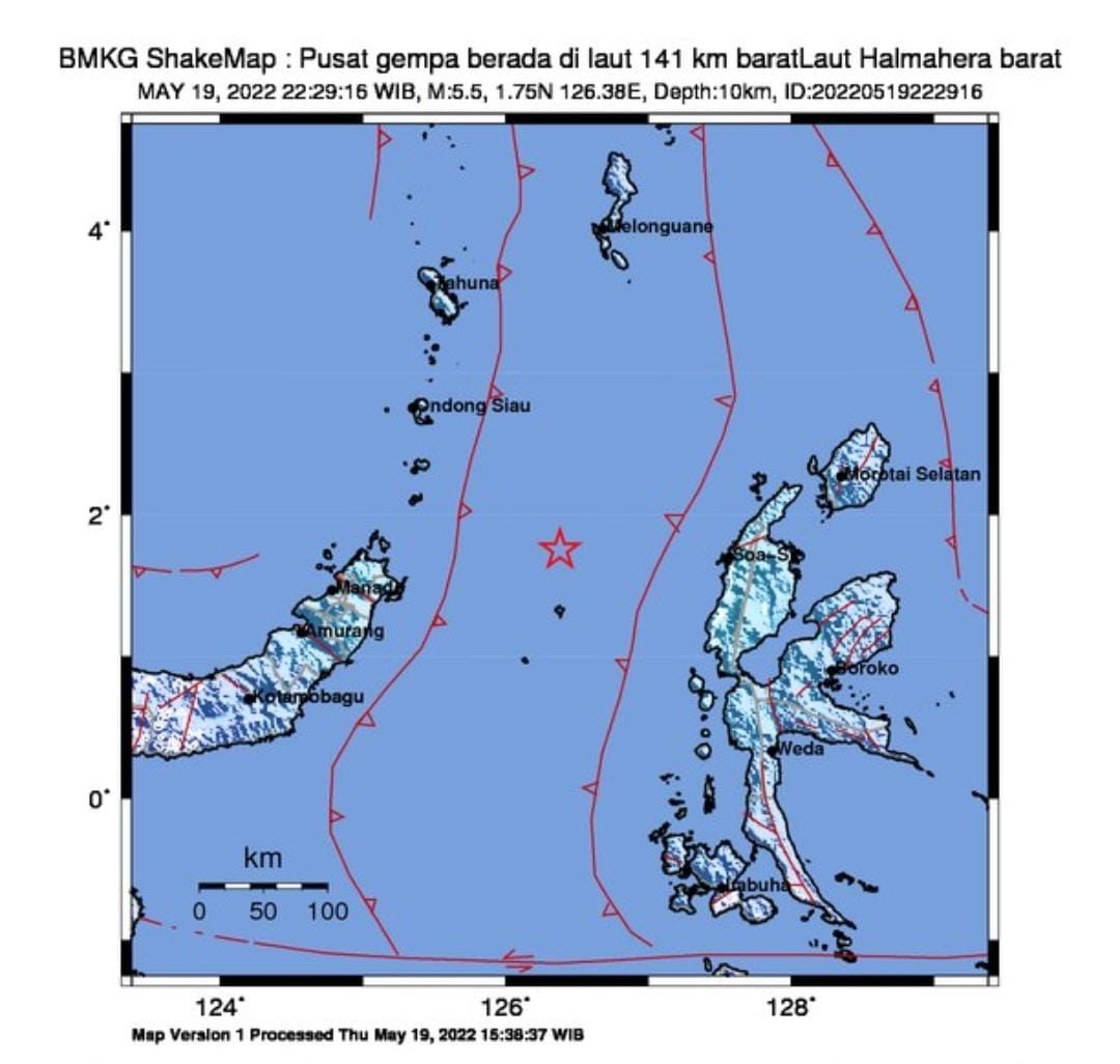 Pusat gempa yang terjadi hari ini di Halmahera BArat, Maluku Utara pada Kamis malam, 19 Mei 2022 memiliki magnitudo 5,5.