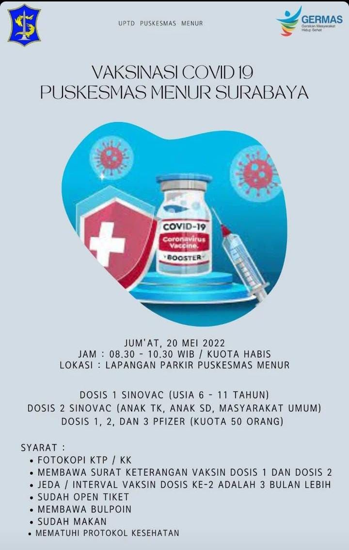 Jadwal Vaksin AstraZeneca dan Pfizer Dosis 1, 2, Booster Jumat, 20 Mei 2022 di Surabaya Barat, Berikut Syaratnya