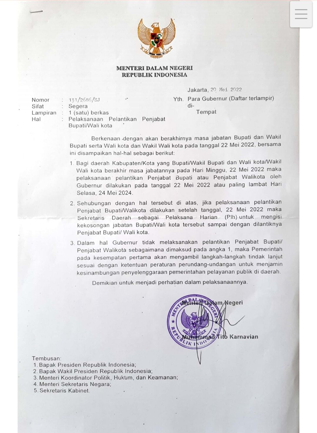 SK Mendagri terkait penunjukan Penjabat Bupati