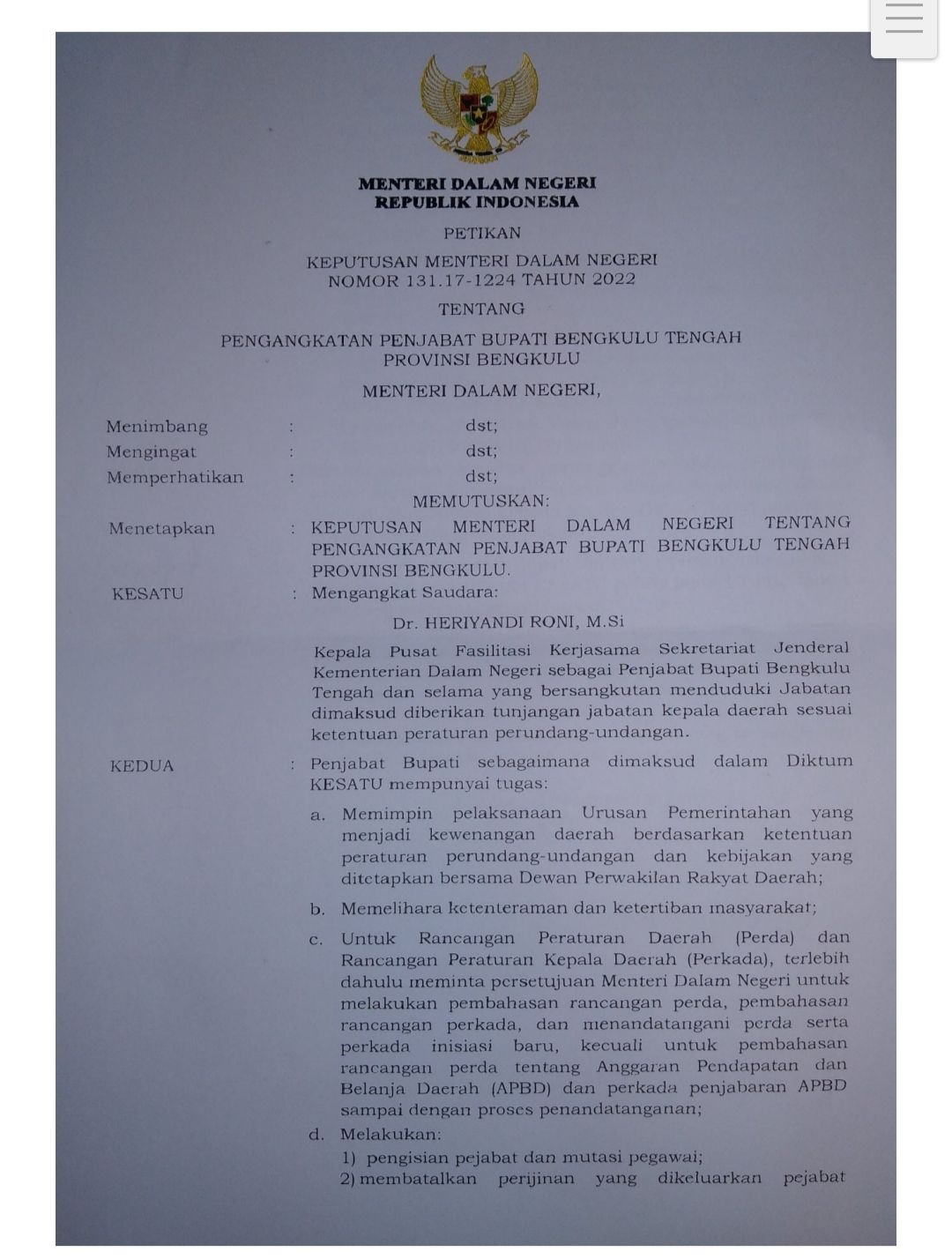 SK Penunjukan Penjabat Bupati Bengkulu Tengah Dr Heriyandi Roni, M.Si