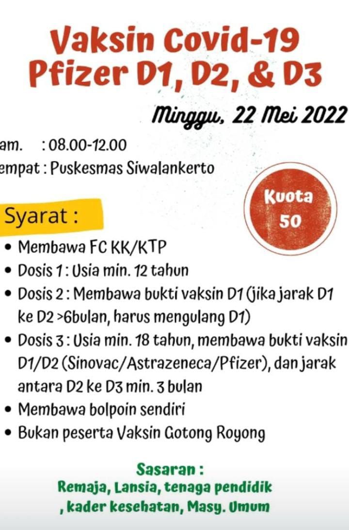 Jadwal Vaksin Pfizer di Puskesmas Surabaya Dosis 1, 2 dan Booster Minggu, 22 Mei 2022, Berikut Syaratnya