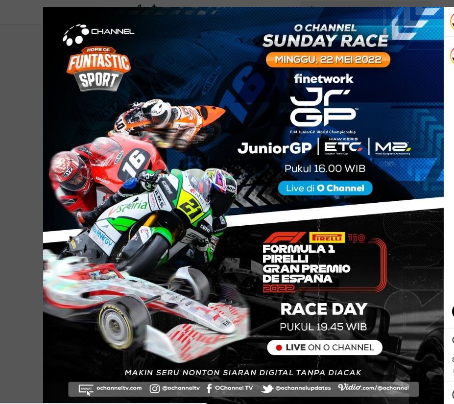 Jadwal Acara TV O Channel Minggu, 22 Mei 2022 Saksikan Live Race Day Formula 1 GP Spanyol 2022 Dan FIM Junior GP