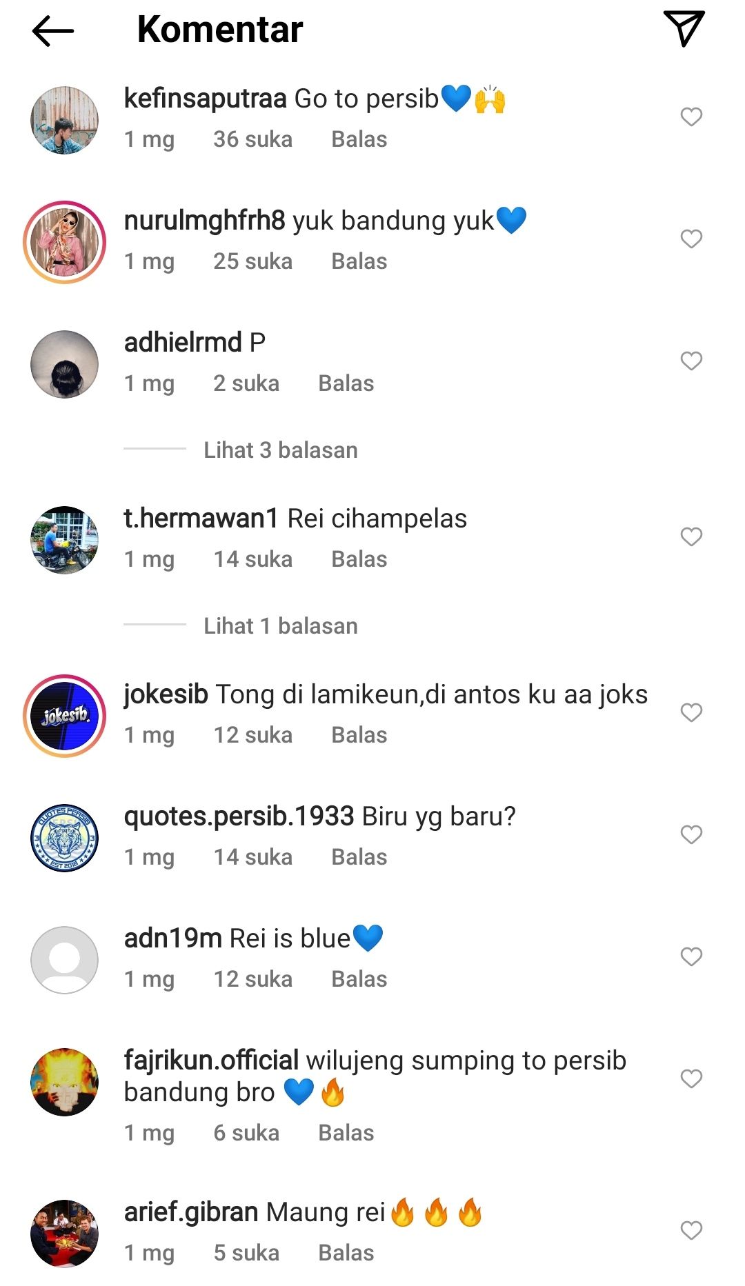 Komen bobotoh di instagram Rei, yang mengajak gabung Persib Bandung. 