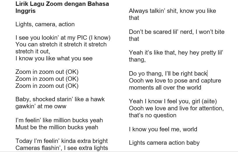  Lirik Lagu Zoom dengan Bahasa Inggris