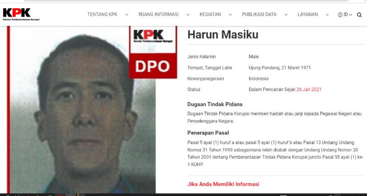 Tampilan DPO Harun Masiku di situs resmi KPK.