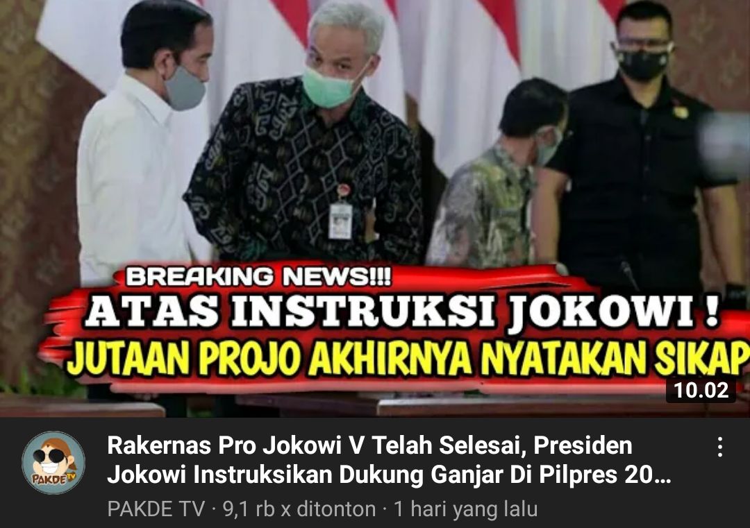 Thumbnail video yang menyebutkan Presiden Jokowi mengintruksikan Projo mendukung Ganjar Pranowo di Pilpres 2024
