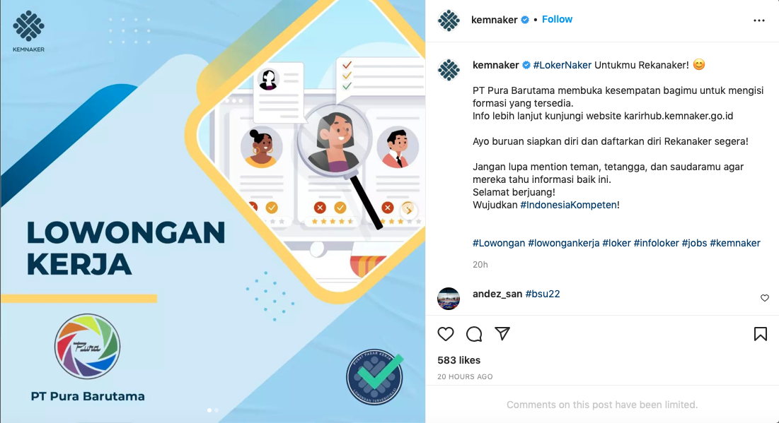 Unggahan Instagram Kemnaker tentang info loker Programmer untuk Mei 2022 di Jateng.